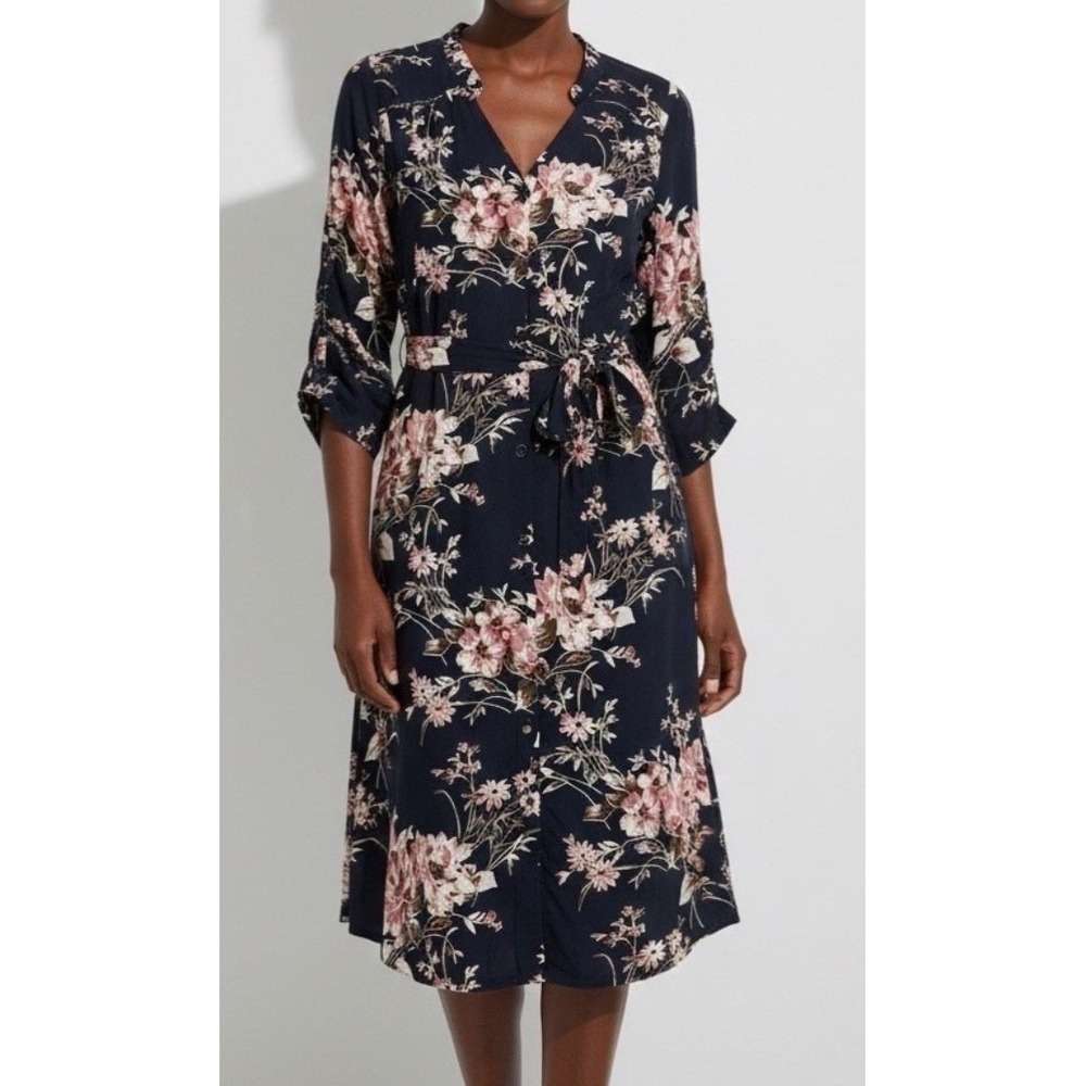 41 Hawthorn Floral Tie Waist Dress Navy Blue Pink Mature Modest Church Small